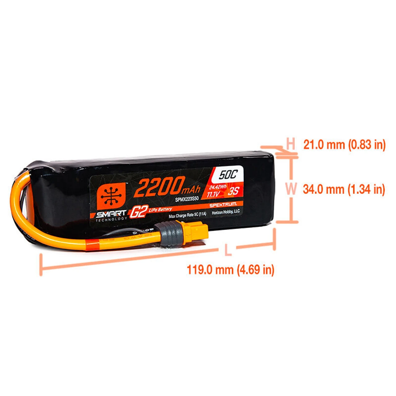 Spektrum 2200mAh 3S 11.1V Smart Battery G2 50C IC3 - Image 2