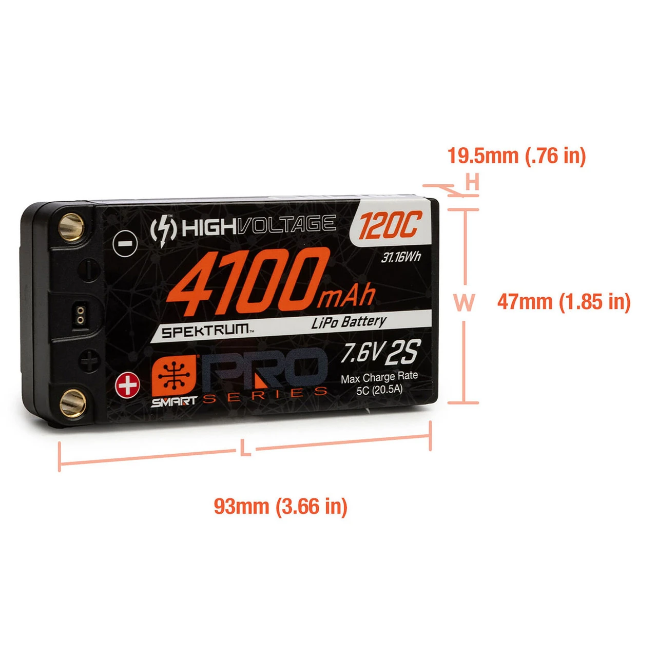 Spektrum 7.6V 4100mAh 2S 120C Smart Pro Race Shorty Hardcase LiHV Battery: Tubes, 5mm - Image 3